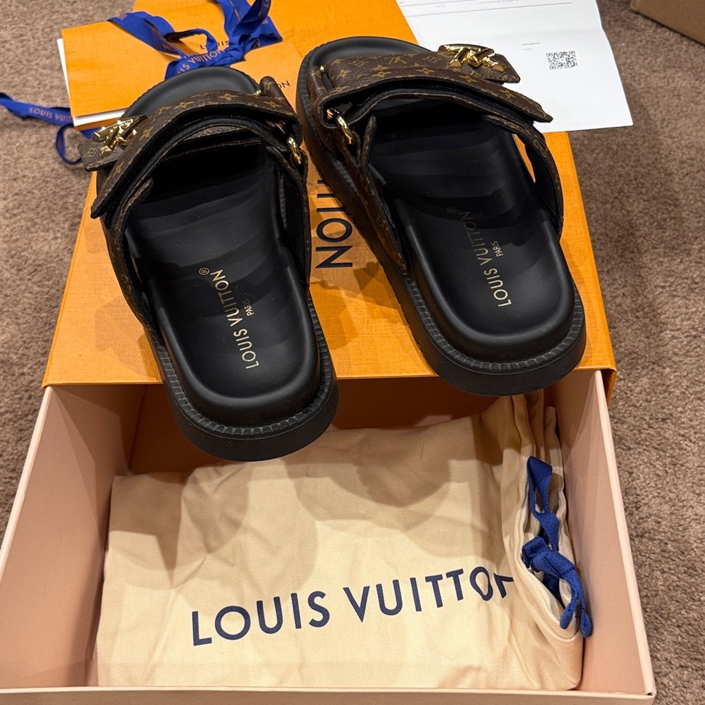 Louis Vuitton Black and Brown Monogram Slides - Picture 7 of 8